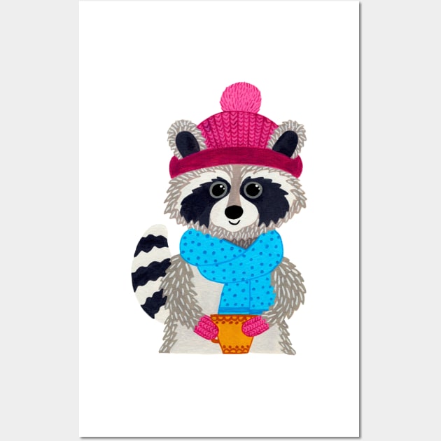 Raccoon with scarf, hat, mittens and a mug Wall Art by NashTheArtist